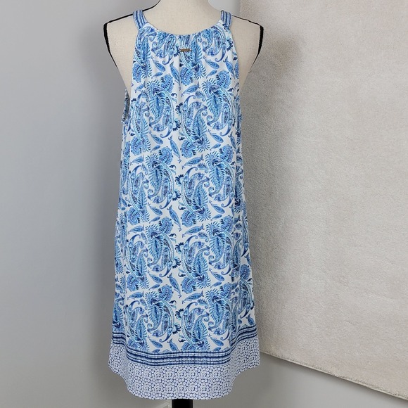 Cabana Life Women's L Blue White Paisley Sleeveless Halter Shift Travel Dress - Picture 4 of 12
